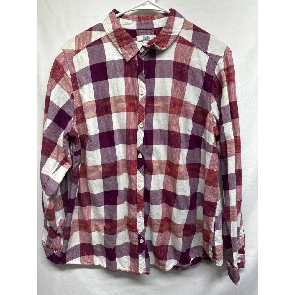 Croft & Barrow Womens XL‎ Plaid Button Down Shirt Long Sleeve Burgundy White